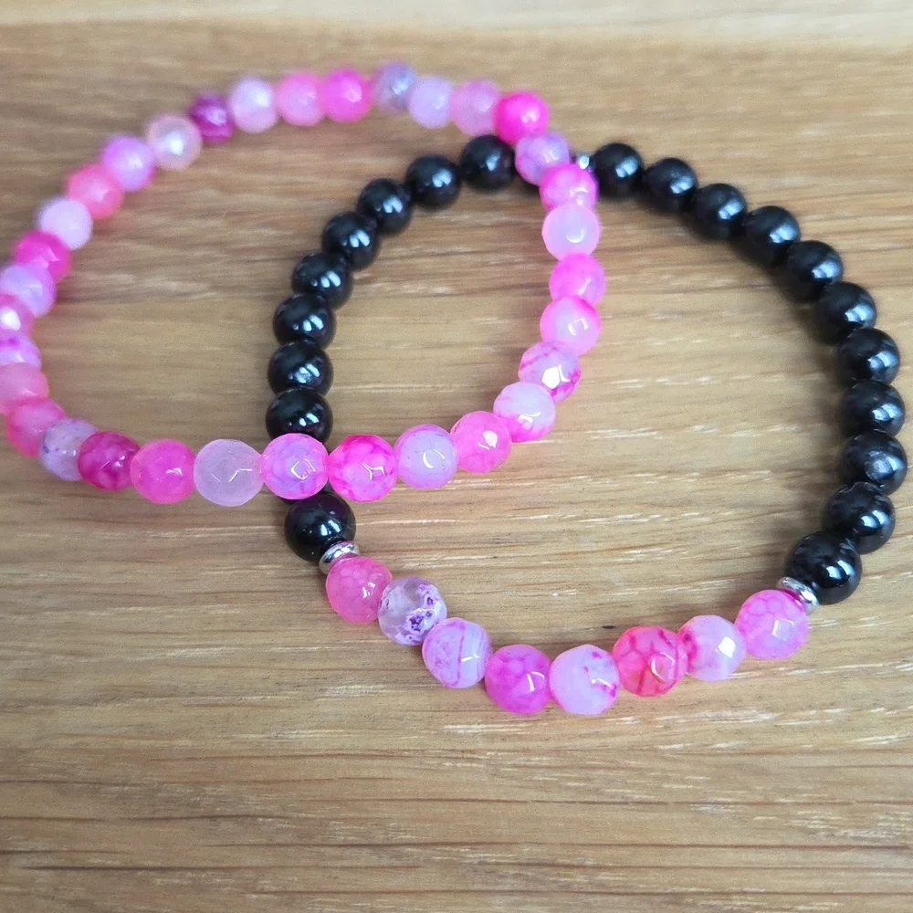 Pink Botswana Agate & Black Onyx Beads Bracelet Set, Stretch, Hand Crafted - Picture 8 of 9